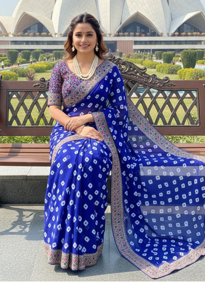 Georgette Blue Festival Wear Printed Work Saree