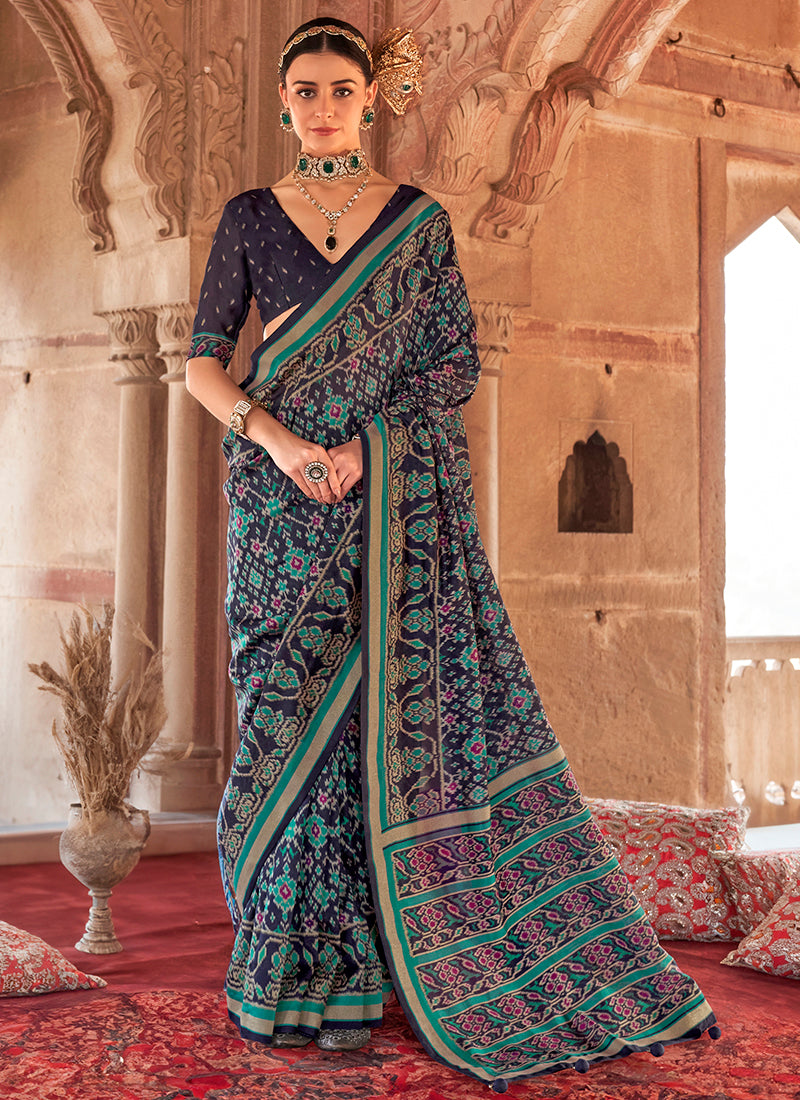 Georgette Blue Festival Wear Printed Saree