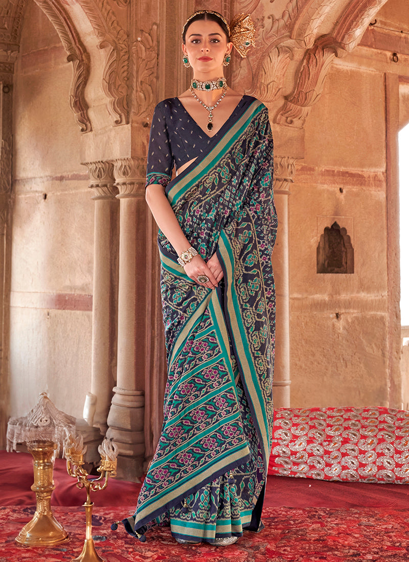 Georgette Blue Festival Wear Printed Saree