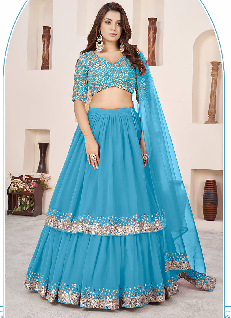 Blue Georgette Sequins Work Wedding Wear Lehenga Choli SW326358