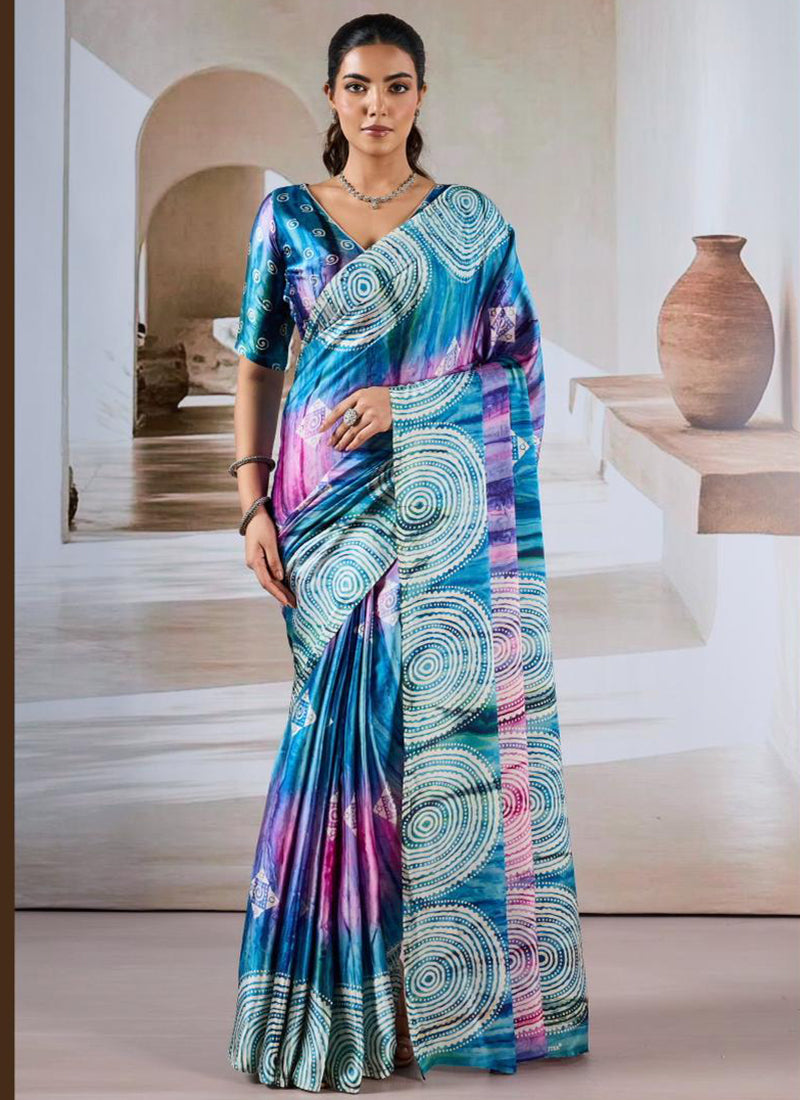 Modal Satin Blue Festival Wear Printed Work Saree 388786