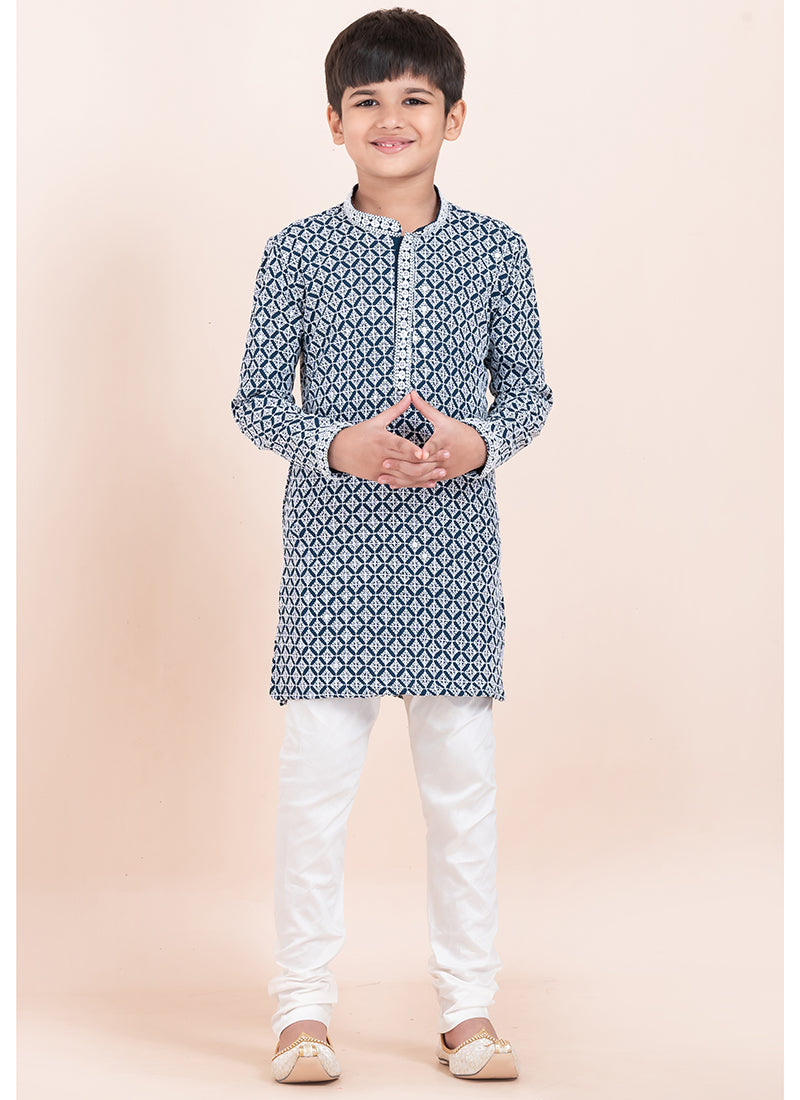 Rayon Blue Festival Wear Embroidery Work Readymade Kids Kurta Pajama