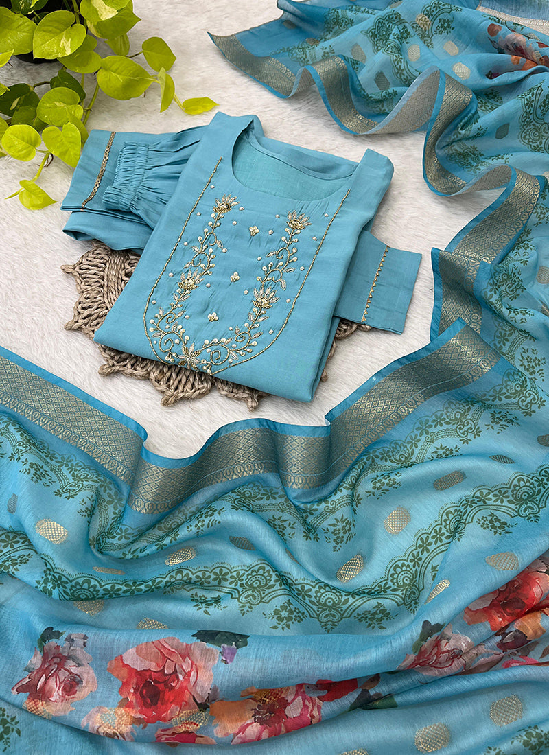 Roman Silk Blue Daily Wear Hand Work Readymade Kurti Set