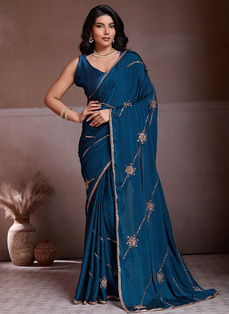 Silk Blue Casual Wear Sequins Work Saree 388960