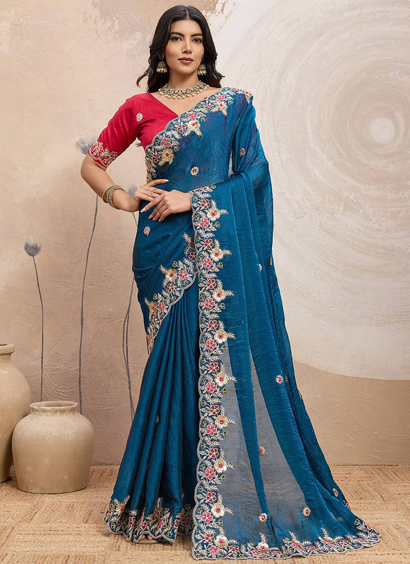 Soft Space Silk Blue Designer Wear Embroidery Work Saree