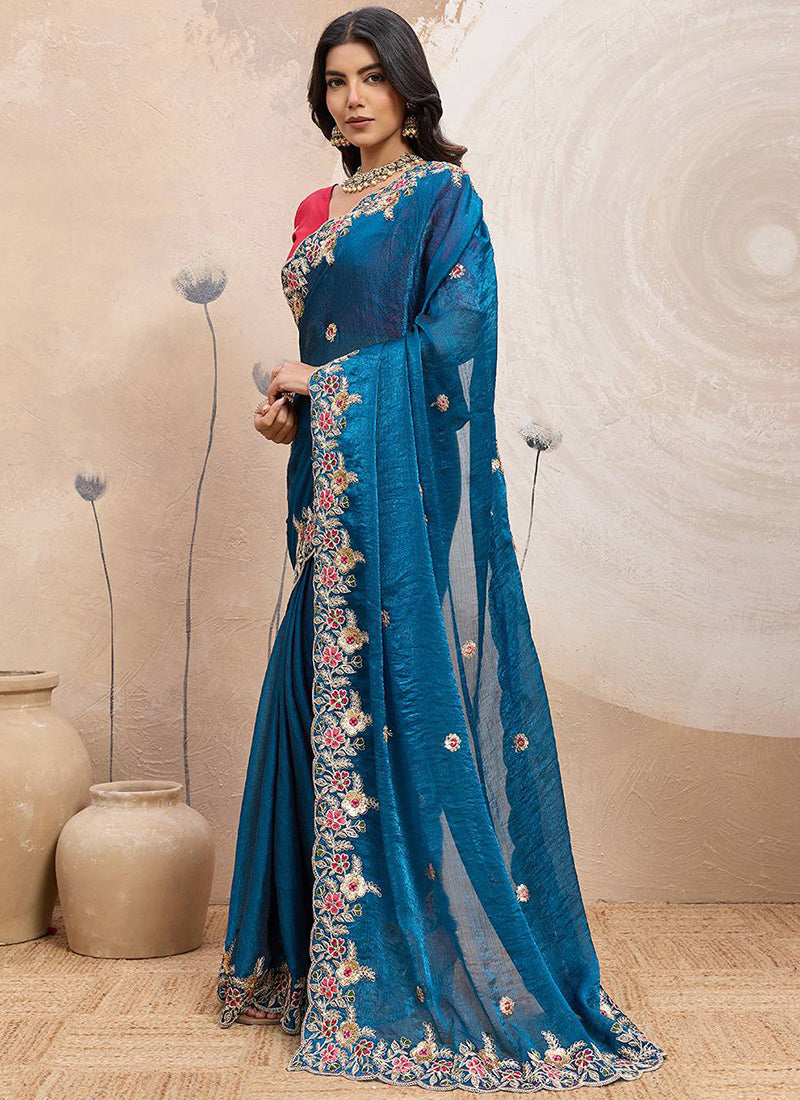 Soft Space Silk Blue Designer Wear Embroidery Work Saree