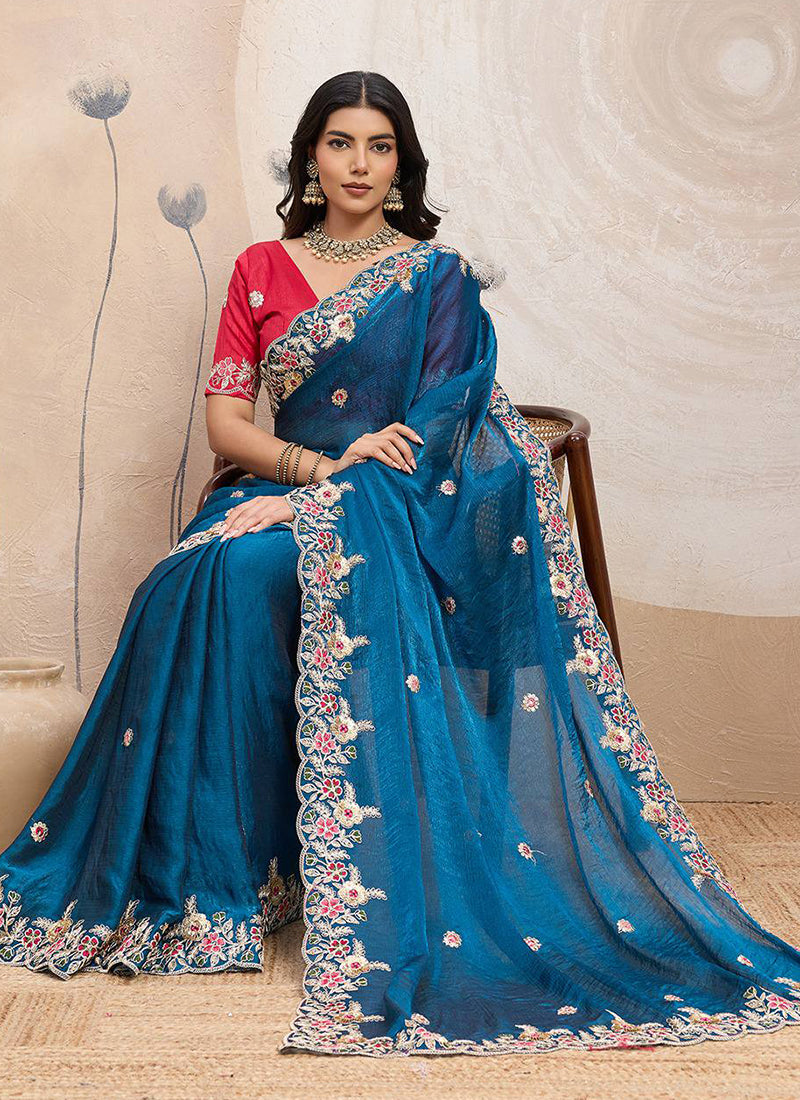 Soft Space Silk Blue Designer Wear Embroidery Work Saree