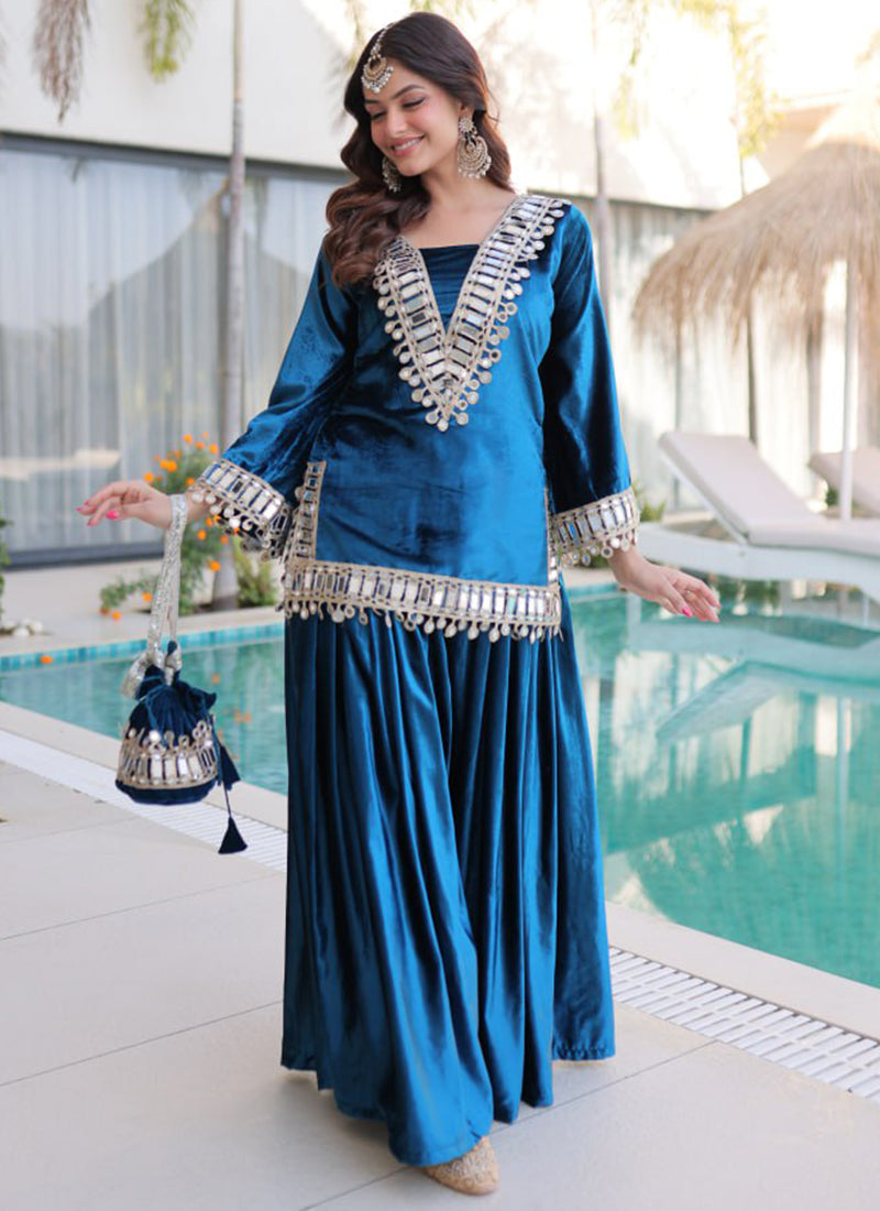 Velvet Blue Festival Wear Mirror Work Readymade Designer Plazzo Suit 388698
