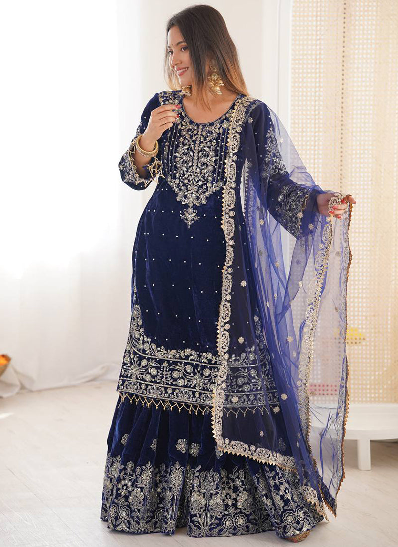 Viscose Velvet Blue Festival Wear Embroidery Work Readymade Sharara Suit 388703