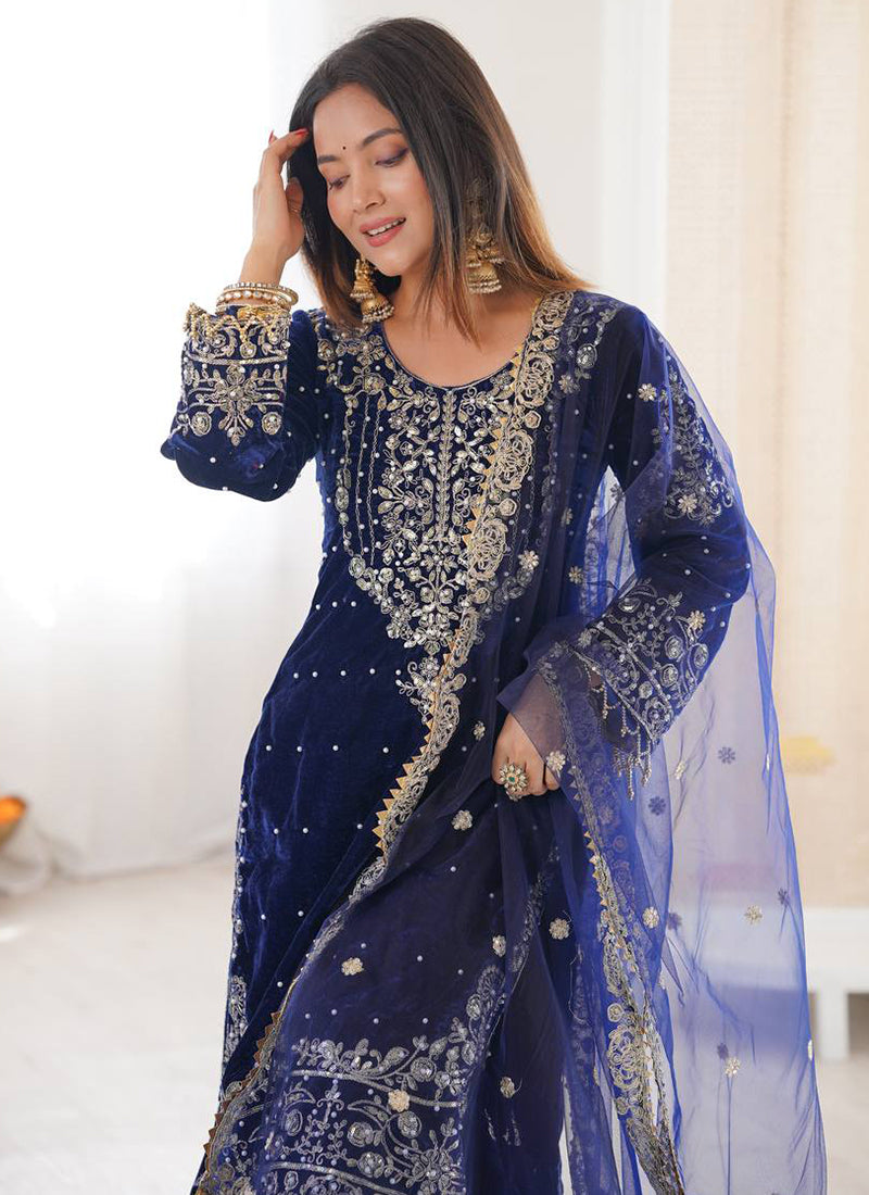 Viscose Velvet Blue Festival Wear Embroidery Work Readymade Sharara Suit 388703