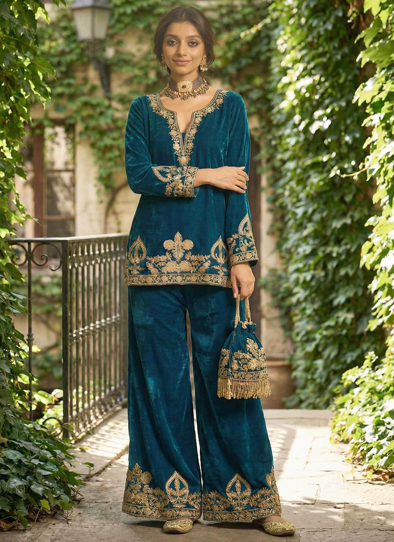 Viscose Velvet Blue Party Wear Zari Embroidery Work Readymade Designer Kurti 388592