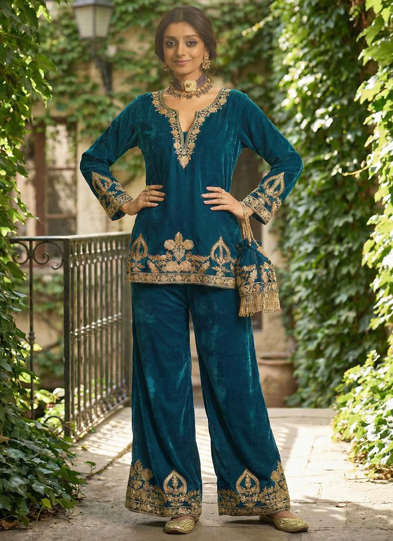 Viscose Velvet Blue Party Wear Zari Embroidery Work Readymade Designer Kurti 388592