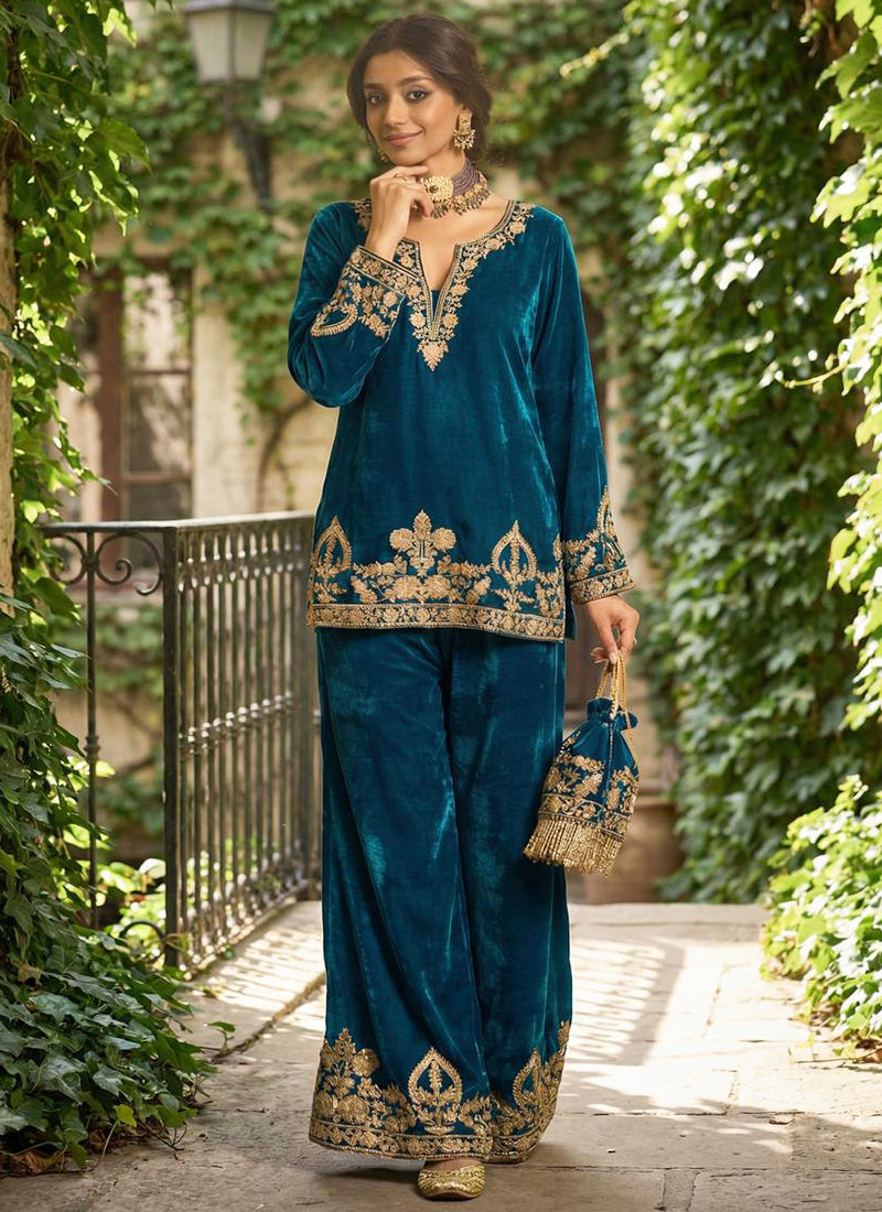 Viscose Velvet Blue Party Wear Zari Embroidery Work Readymade Designer Kurti 388592