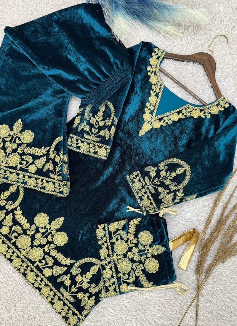 Viscose Velvet Blue Party Wear Zari Embroidery Work Readymade Designer Kurti 388592