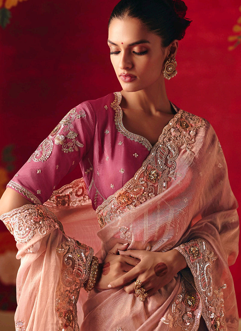 Fancy Silk Blush Pink Wedding Wear Embroidery Work Wedding Saree 388696