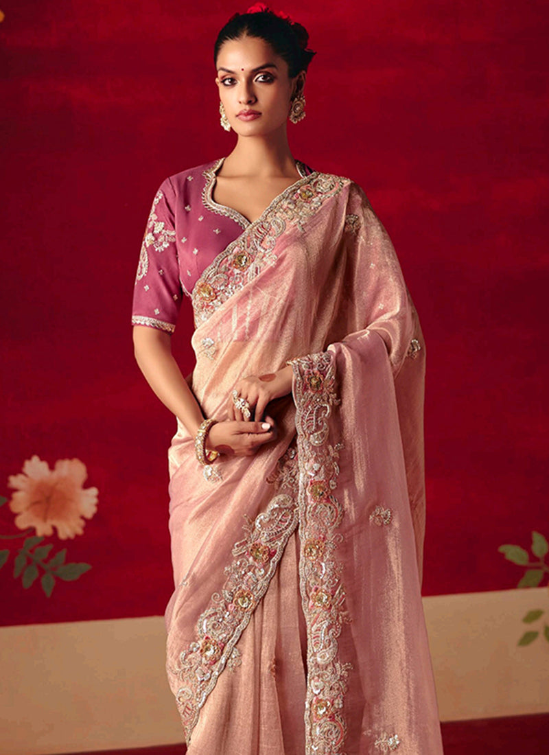 Fancy Silk Blush Pink Wedding Wear Embroidery Work Wedding Saree 388696