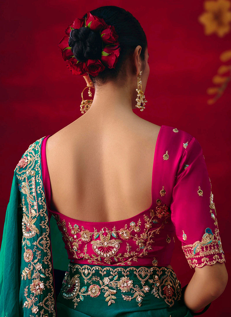 Fancy Silk Bottle Green Wedding Wear Embroidery Work Wedding Saree 388686