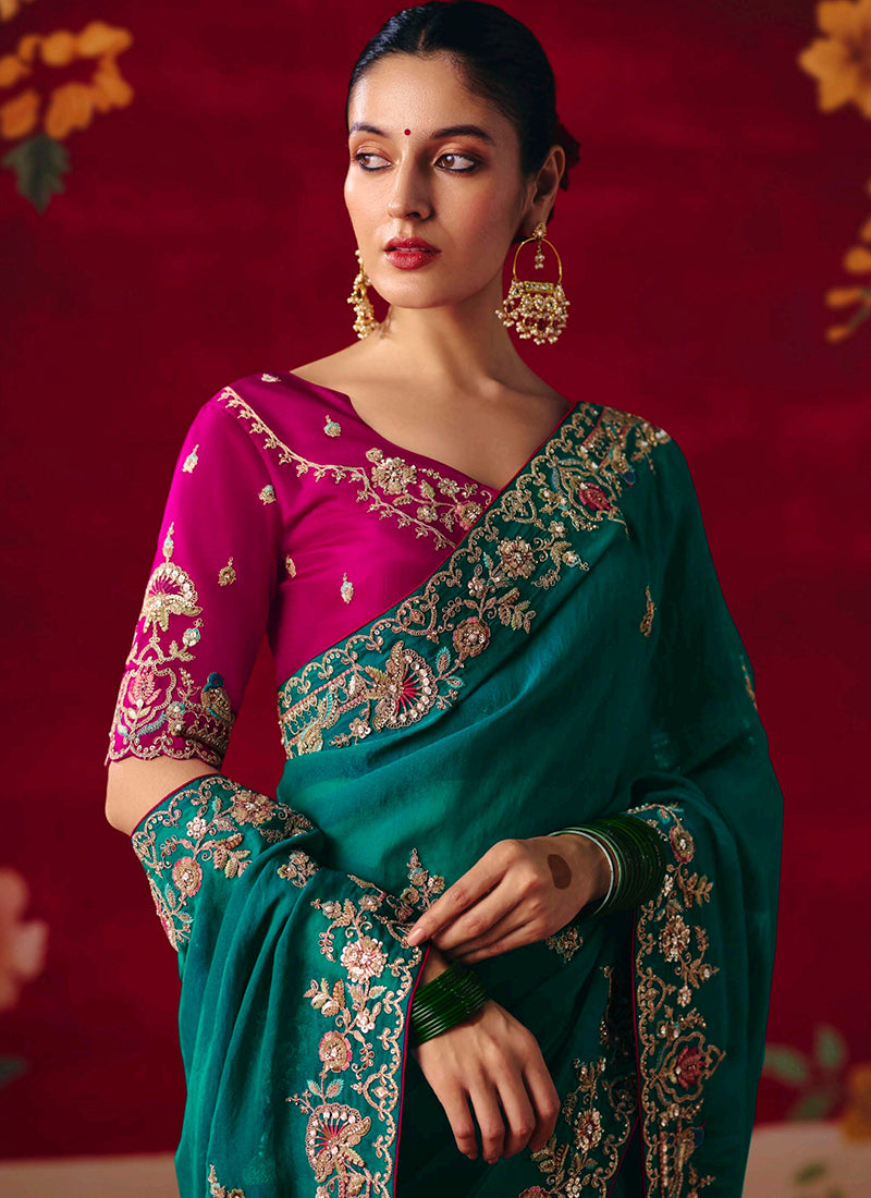 Fancy Silk Bottle Green Wedding Wear Embroidery Work Wedding Saree 388686