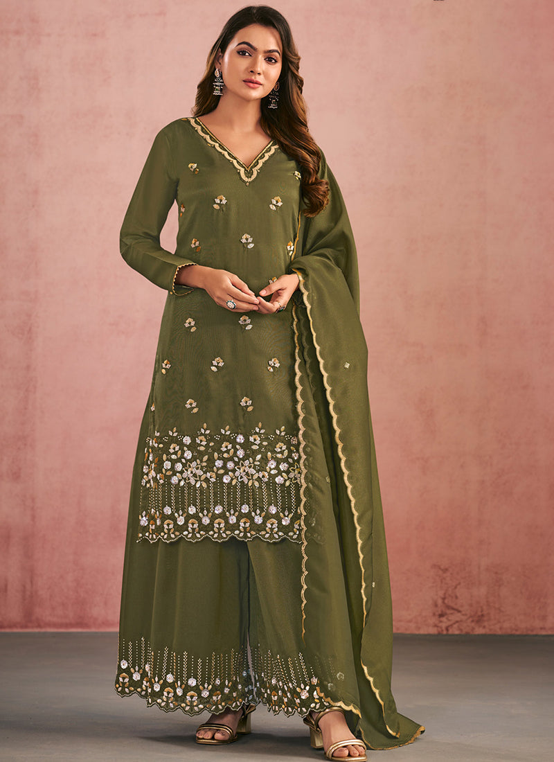 Shimmer Silk Bottle Green Wedding Wear Thread Work Readymade Plazzo Suit
