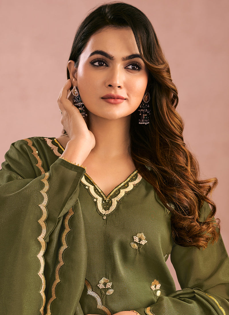 Shimmer Silk Bottle Green Wedding Wear Thread Work Readymade Plazzo Suit