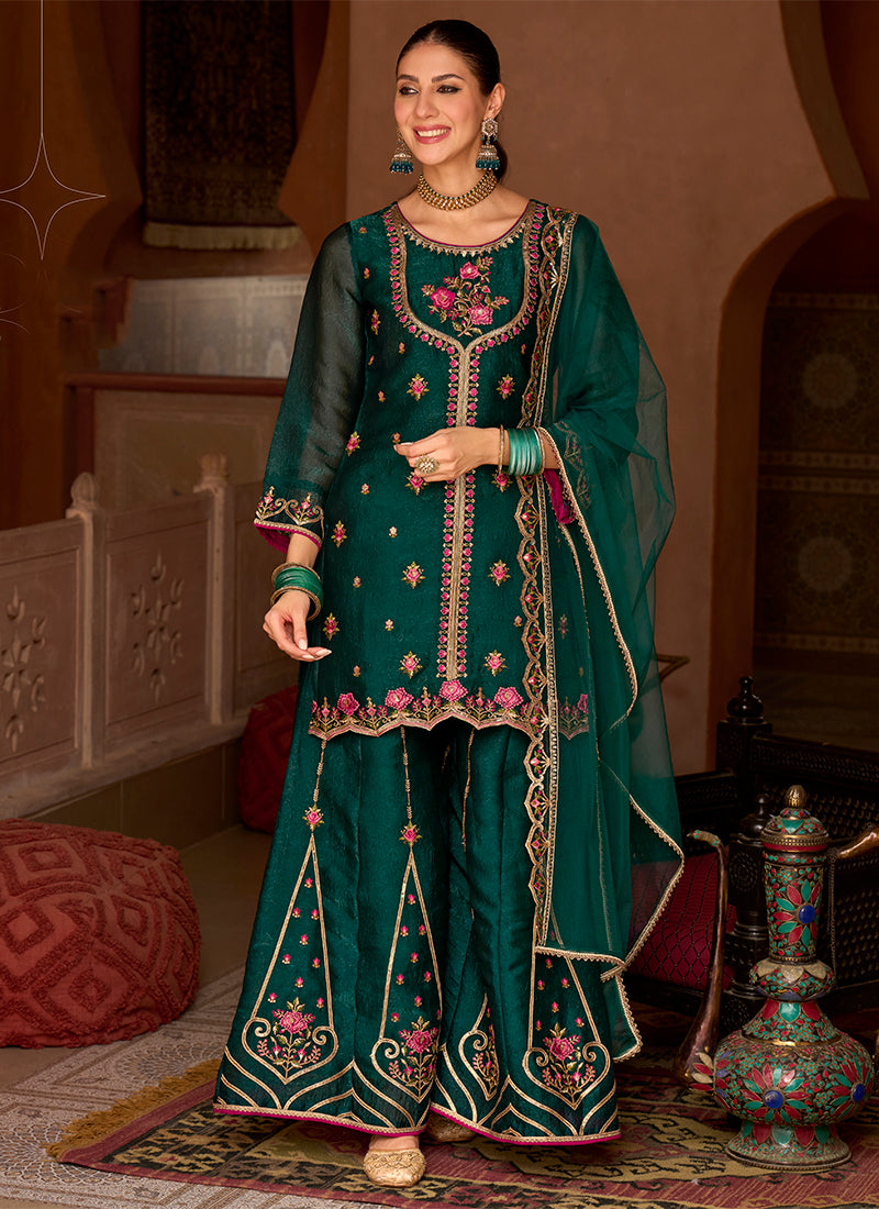 Silk Bottle Green Wedding Wear Embroidery Work Readymade Plazzo Suit 388929