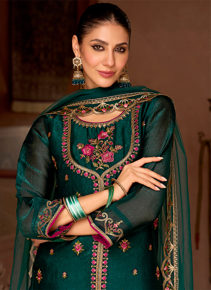 Silk Bottle Green Wedding Wear Embroidery Work Readymade Plazzo Suit 388929