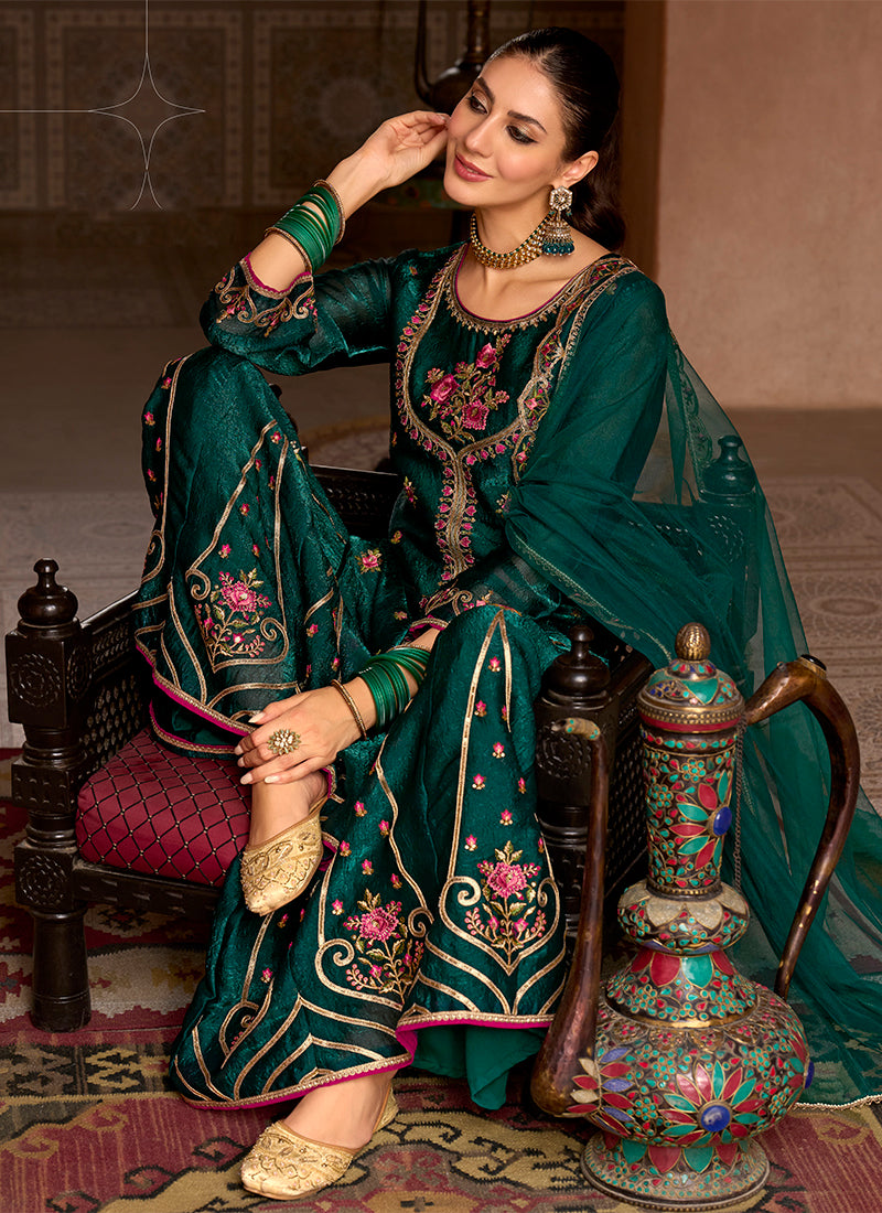 Silk Bottle Green Wedding Wear Embroidery Work Readymade Plazzo Suit 388929