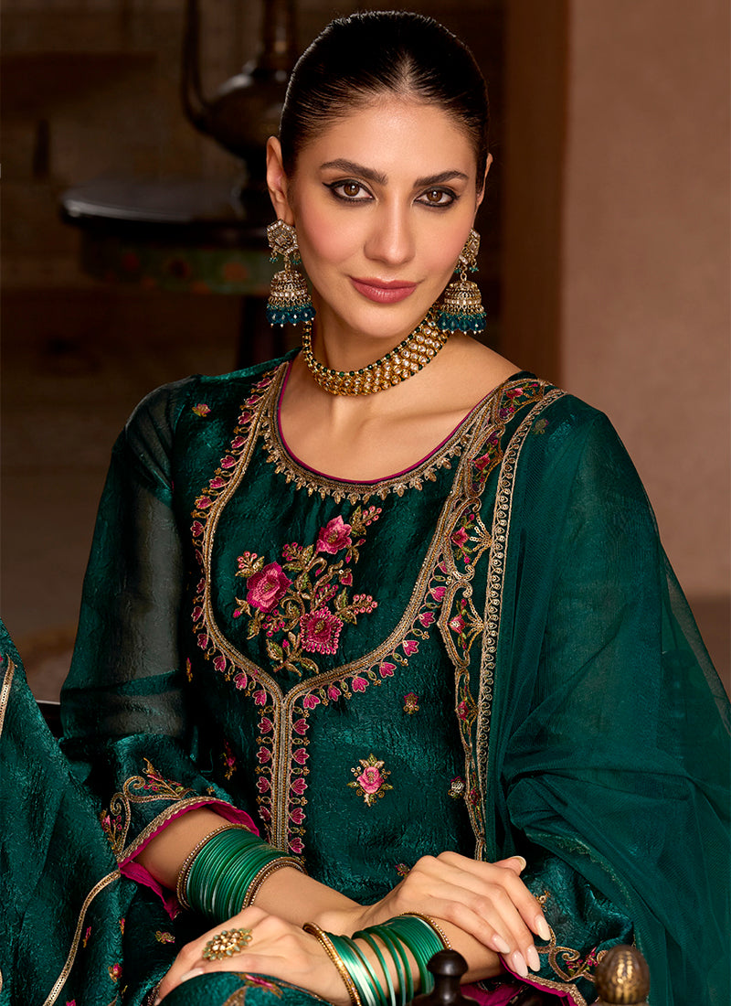 Silk Bottle Green Wedding Wear Embroidery Work Readymade Plazzo Suit 388929