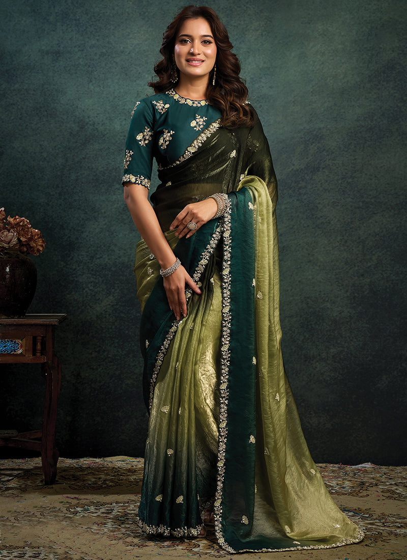 Two Tone Satin Silk Bottle Green Party Wear Sequins Embroidery Parties Saree 389013