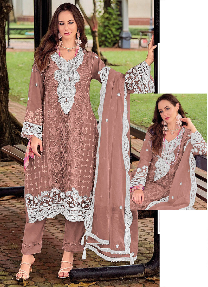 Crunchy Brown Eid Wear Embroidery Work Pakistani Suit 388715