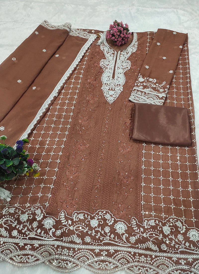 Crunchy Brown Eid Wear Embroidery Work Pakistani Suit 388715
