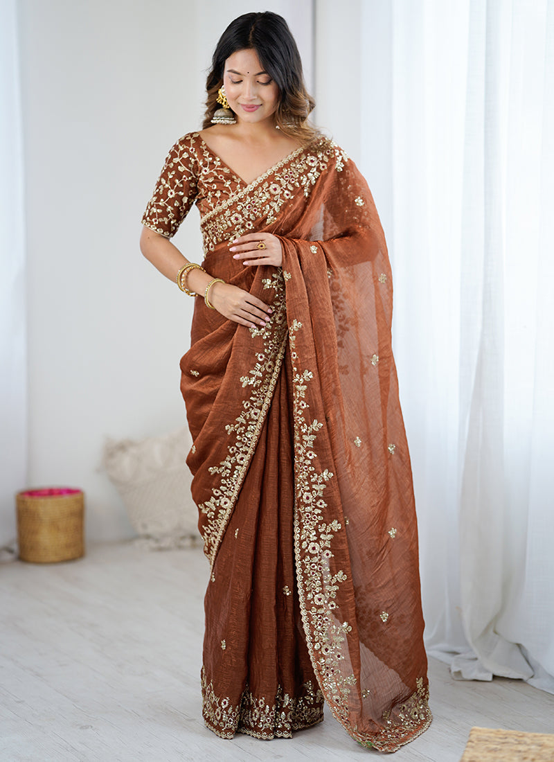 Fendy Chiffon Brown Party Wear Sequins Embroidery Work Designer Saree 388713