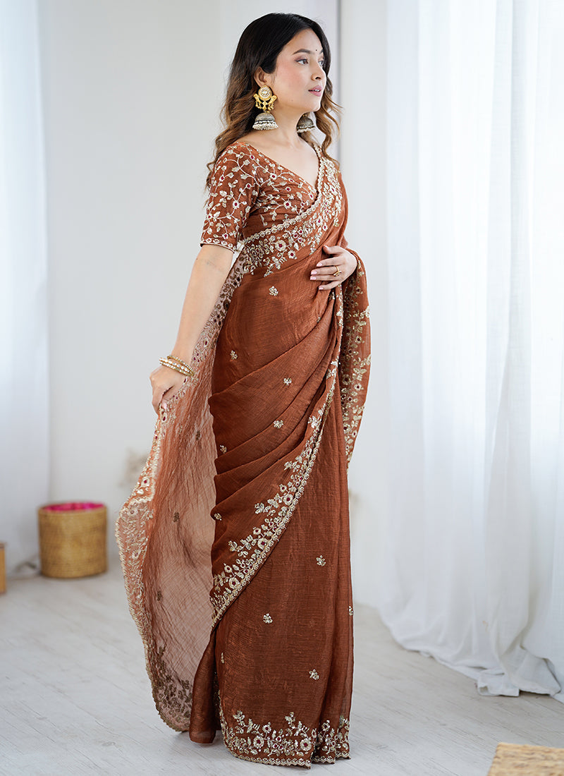 Fendy Chiffon Brown Party Wear Sequins Embroidery Work Designer Saree 388713