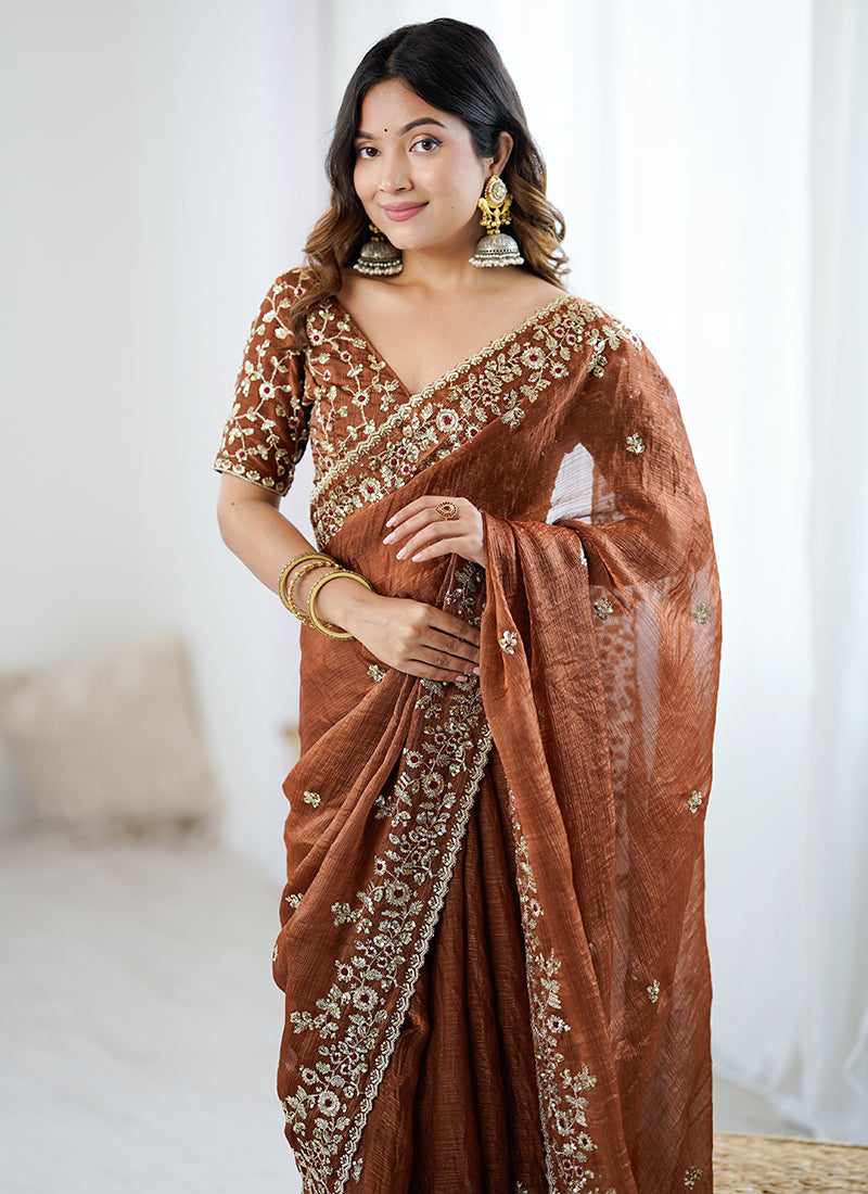 Fendy Chiffon Brown Party Wear Sequins Embroidery Work Designer Saree 388713