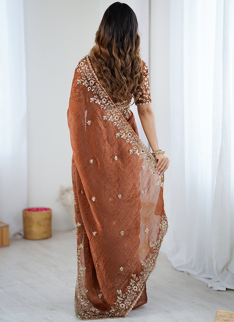 Fendy Chiffon Brown Party Wear Sequins Embroidery Work Designer Saree 388713
