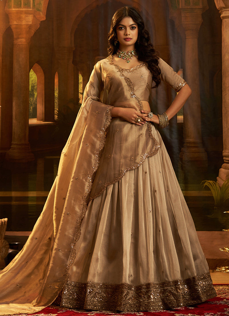Organza Brown Party Wear Zari Sequins Work Lehenga Choli 388596