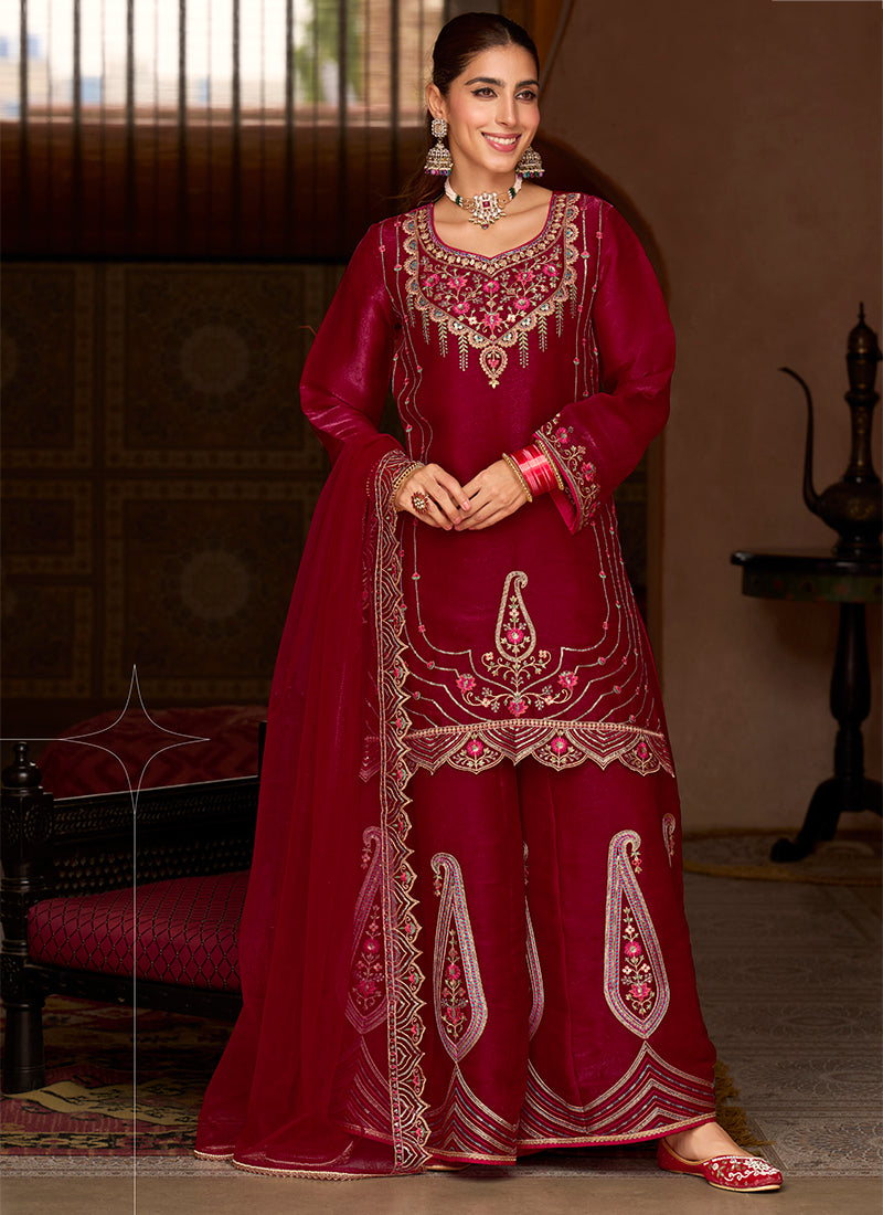 Silk Brown Wedding Wear Embroidery Work Readymade Plazzo Suit 388928