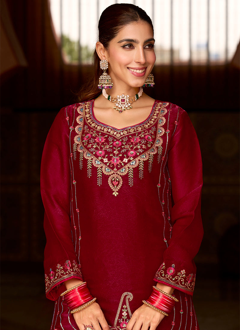 Silk Brown Wedding Wear Embroidery Work Readymade Plazzo Suit 388928