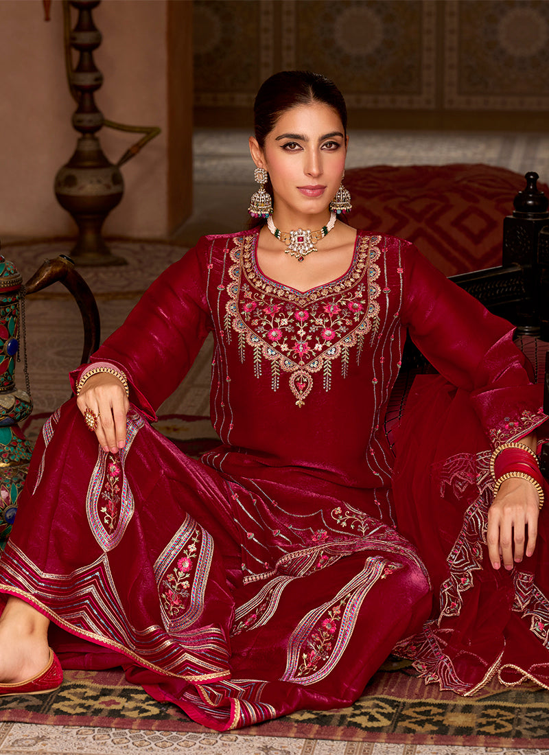 Silk Brown Wedding Wear Embroidery Work Readymade Plazzo Suit 388928