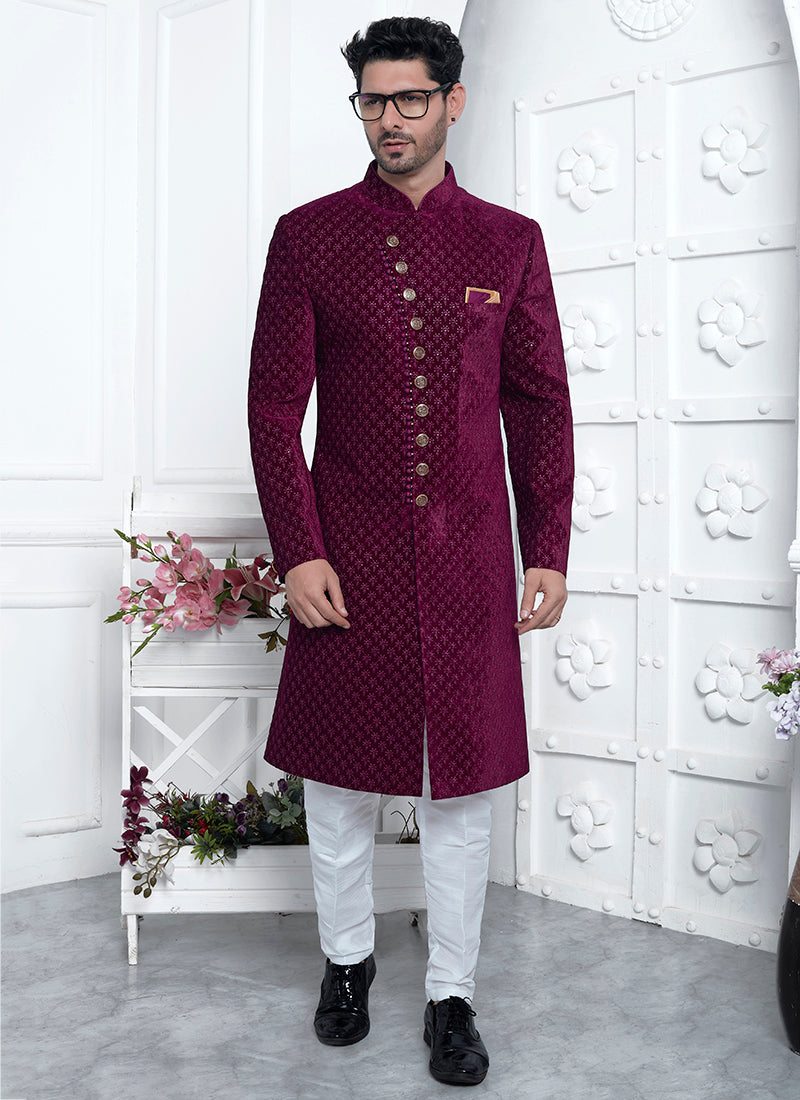 Art Silk Burgandy Wedding Wear Pattern Pc Readymade Sherwani