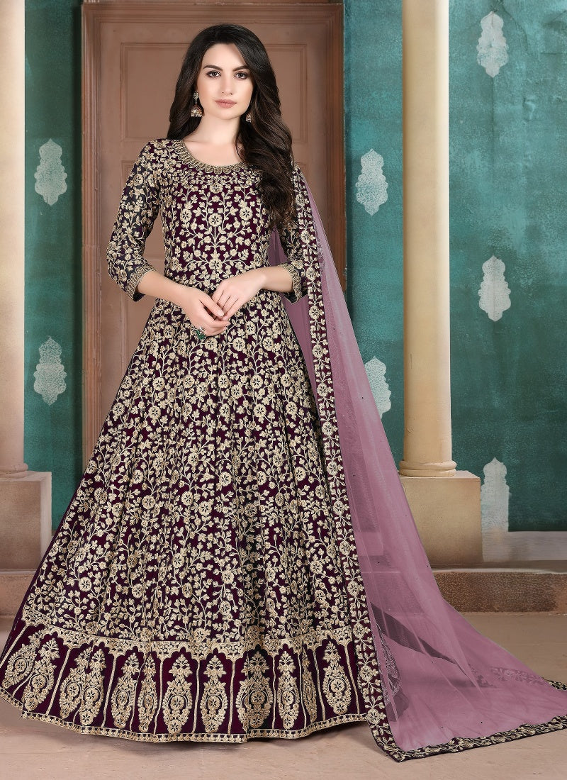 Georgette Burgundy Wedding Wear Embroidery Work Anarkali Suit
