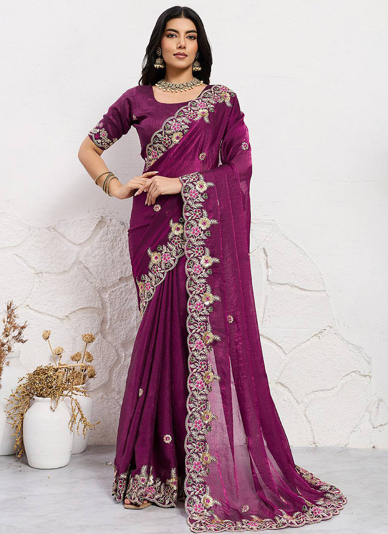 Soft Space Silk Burgundy Designer Wear Embroidery Work Saree