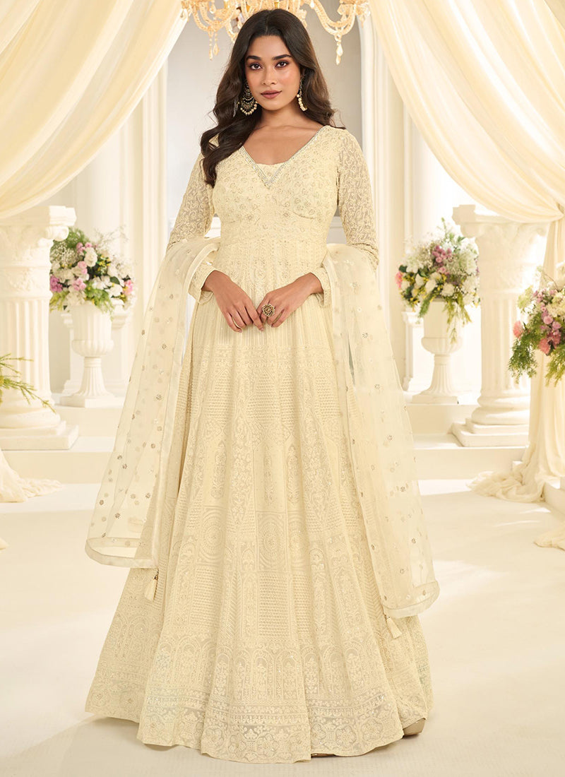 Cream Georgette Embroidery Work Party Wear Readymade Gown With Dupatta SW208543