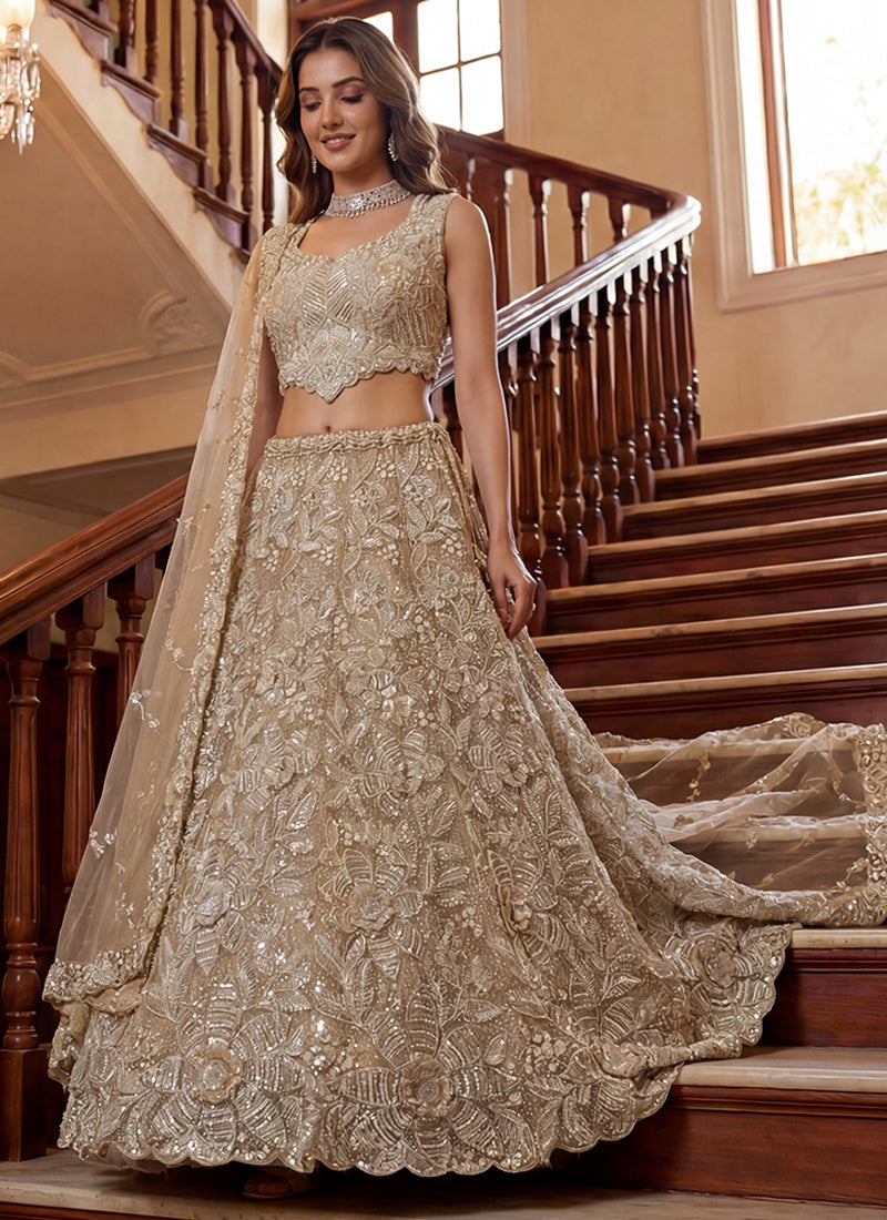 Cream Net Thread Work Wedding Wear Lehenga Choli SW758312