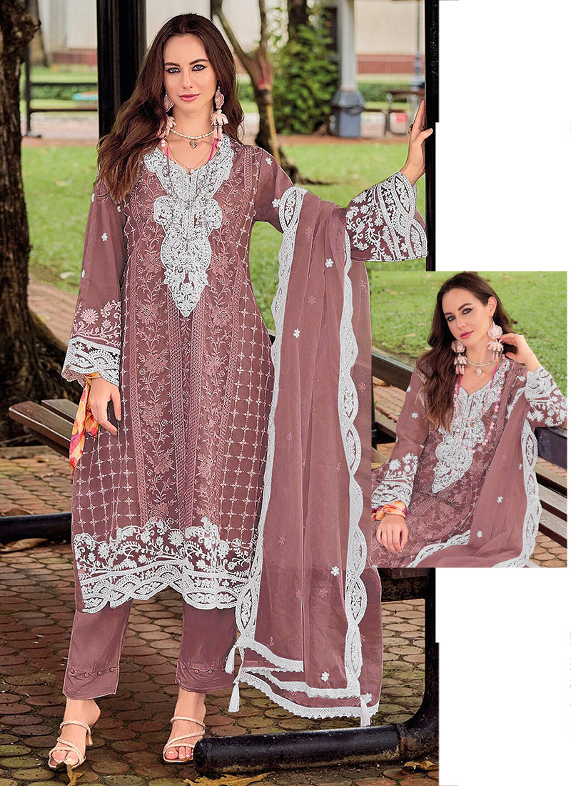 Crunchy Coffee Brown Eid Wear Embroidery Work Pakistani Suit 388717