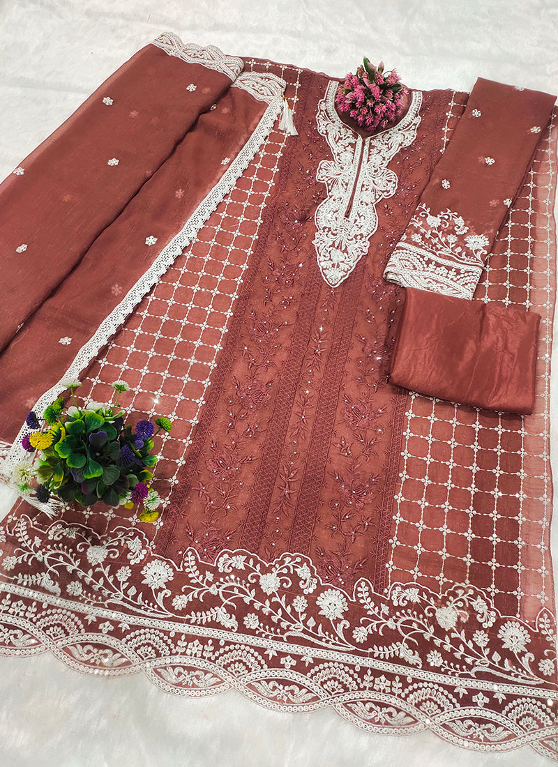 Crunchy Coffee Brown Eid Wear Embroidery Work Pakistani Suit 388717