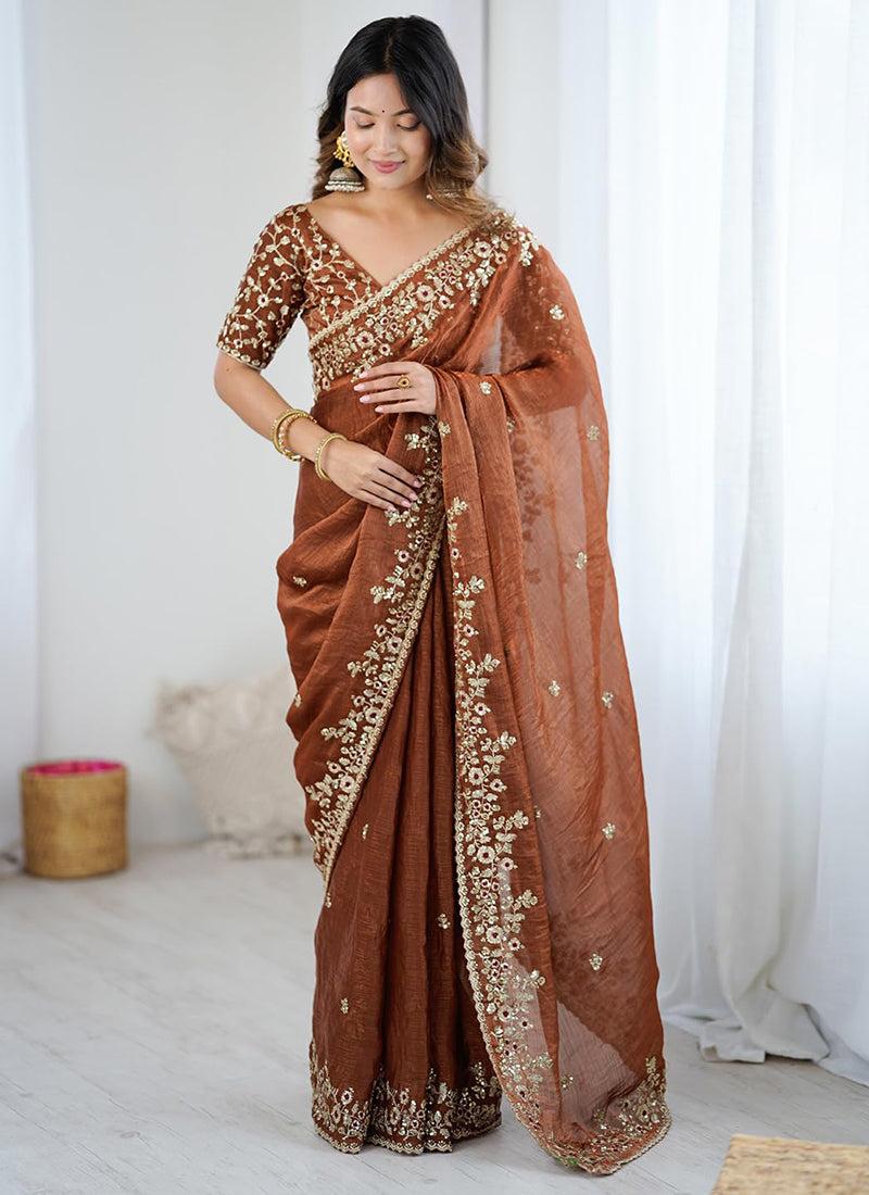 Fendi Chiffon Coffee Ocassional Wear Embroidery Work Saree