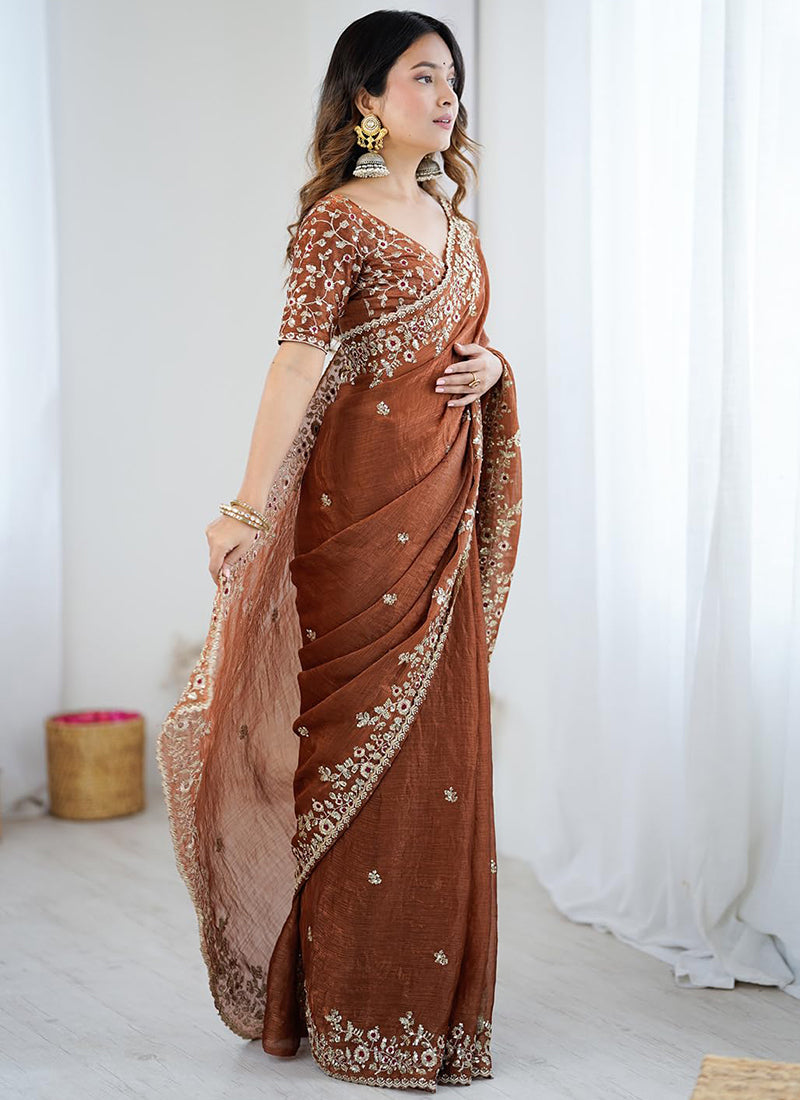 Fendi Chiffon Coffee Ocassional Wear Embroidery Work Saree