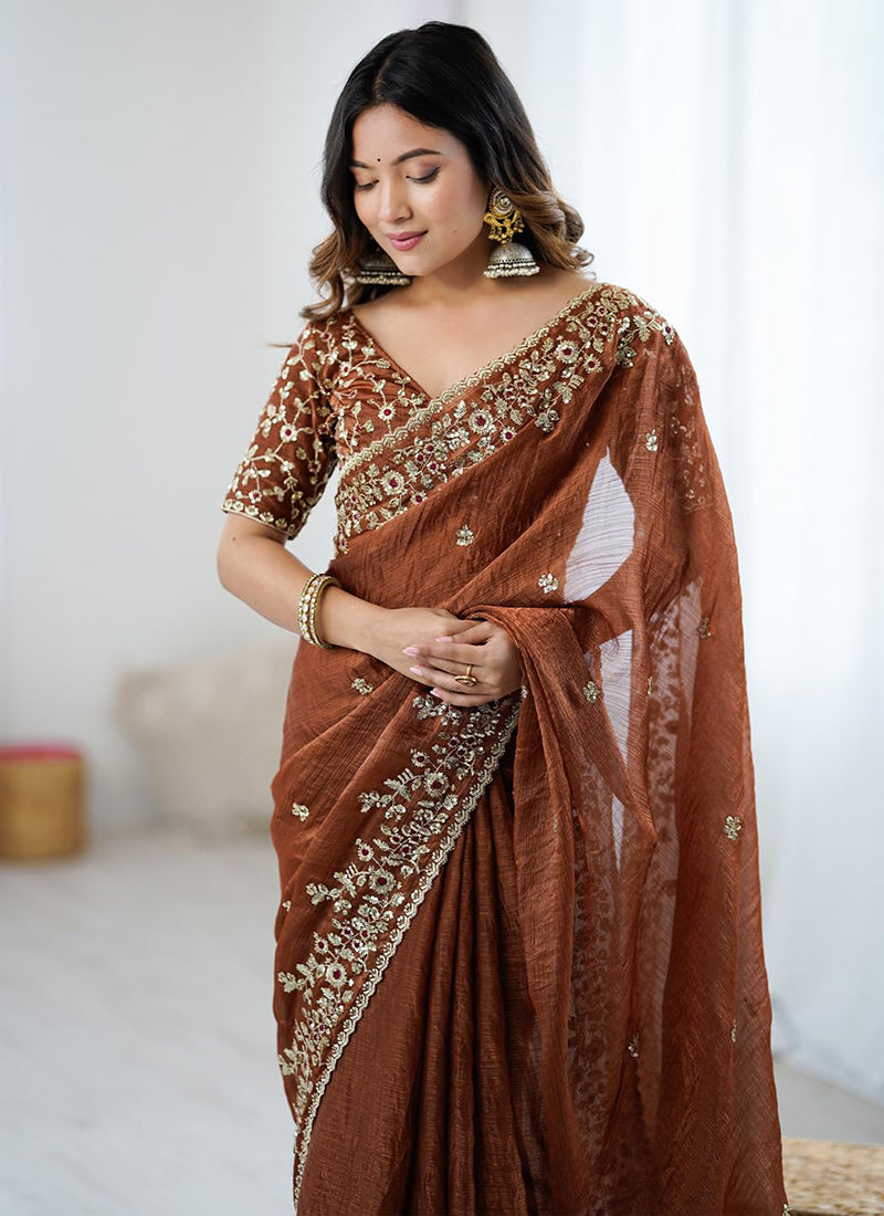 Fendi Chiffon Coffee Ocassional Wear Embroidery Work Saree