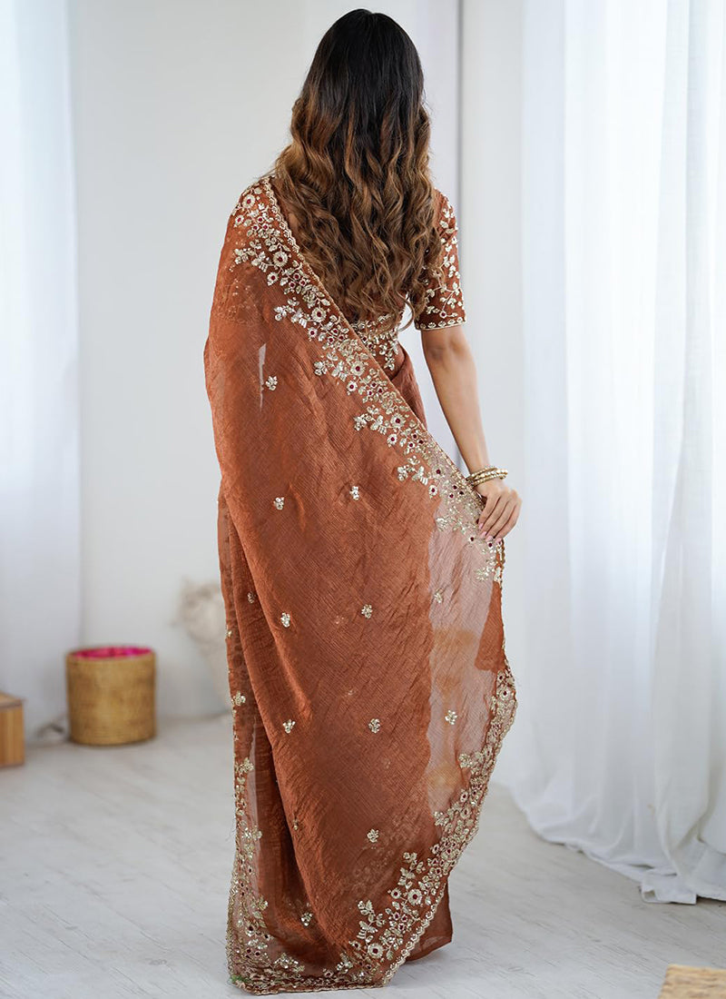 Fendi Chiffon Coffee Ocassional Wear Embroidery Work Saree